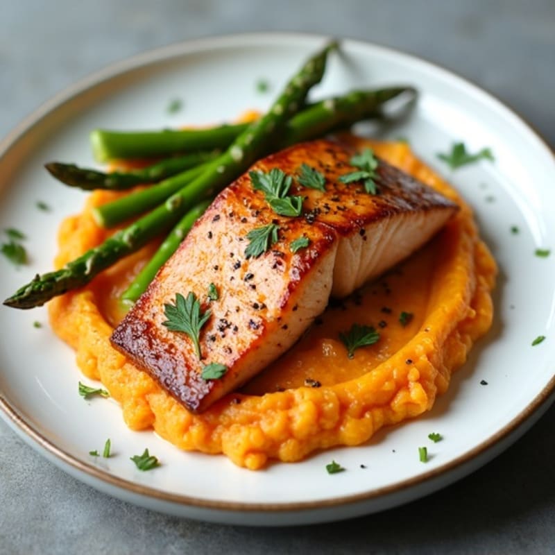 Seared Salmon with Garlic Asparagus and Sweet Potato Mash
