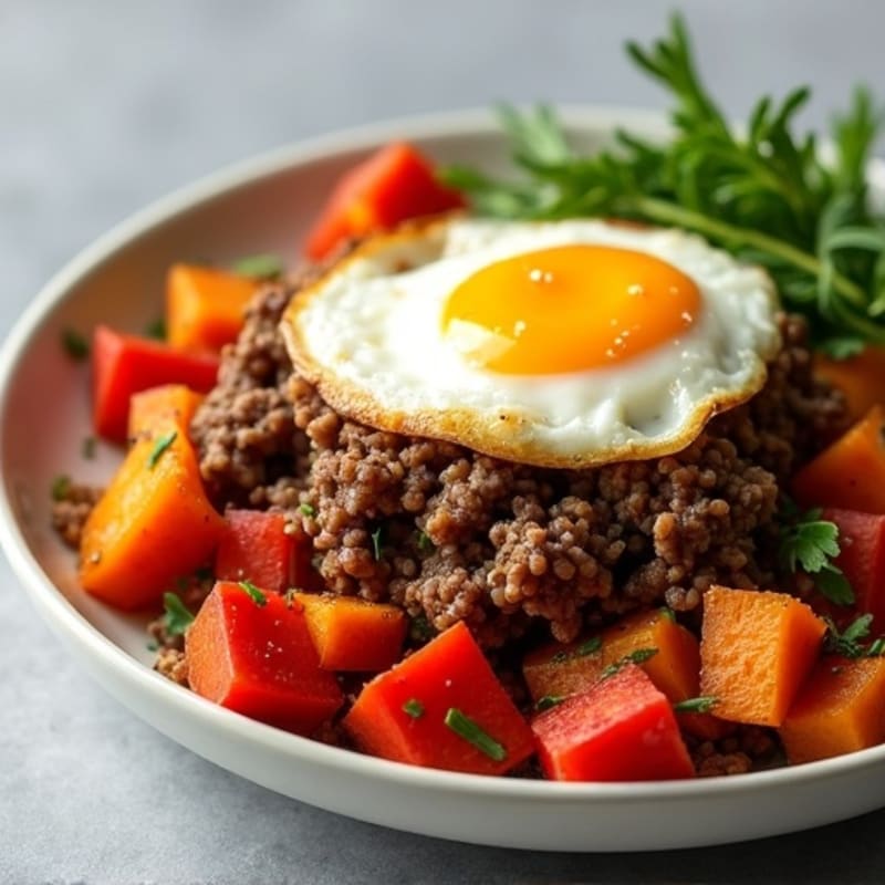 Savory Lean Ground Beef and Roasted Sweet Potato Hash