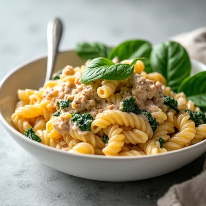 Creamy Protein Pasta with Lean Ground Turkey and Fresh Spinach