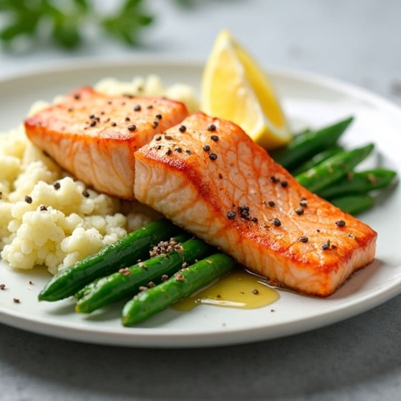 Seared Salmon with Steamed Green Beans and Cauliflower Mash