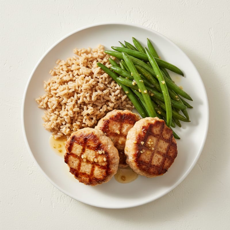 Seared Turkey Patties with Steamed Green Beans and Brown Rice