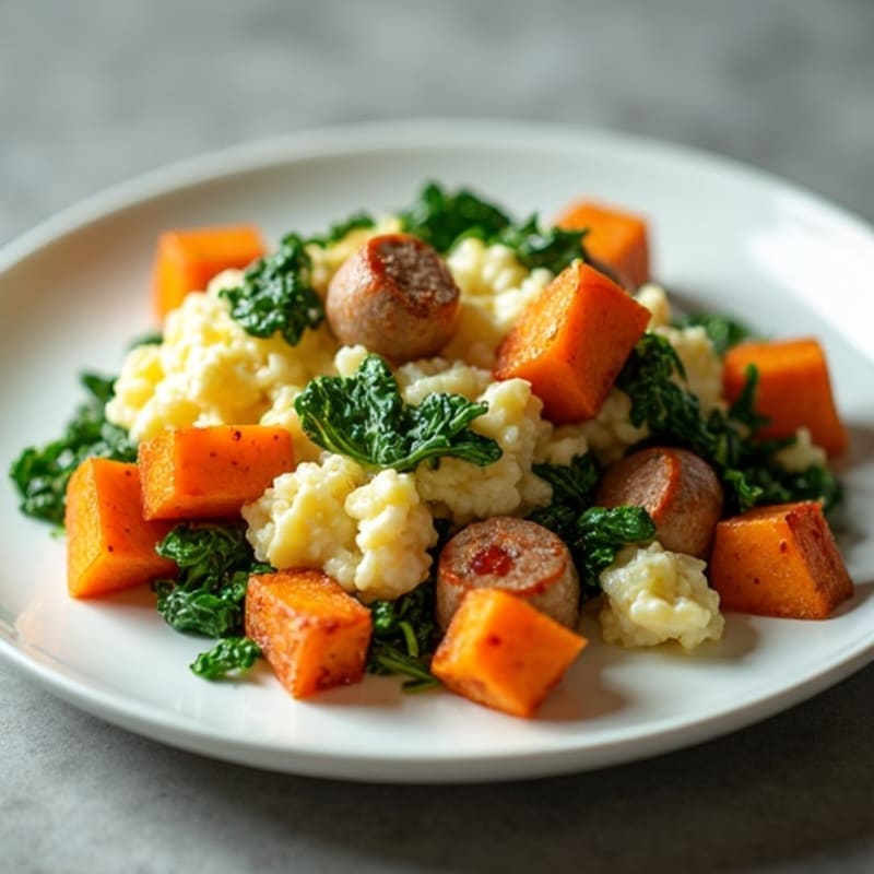 Egg White and Turkey Sausage Scramble with Spinach and Roasted Sweet Potato