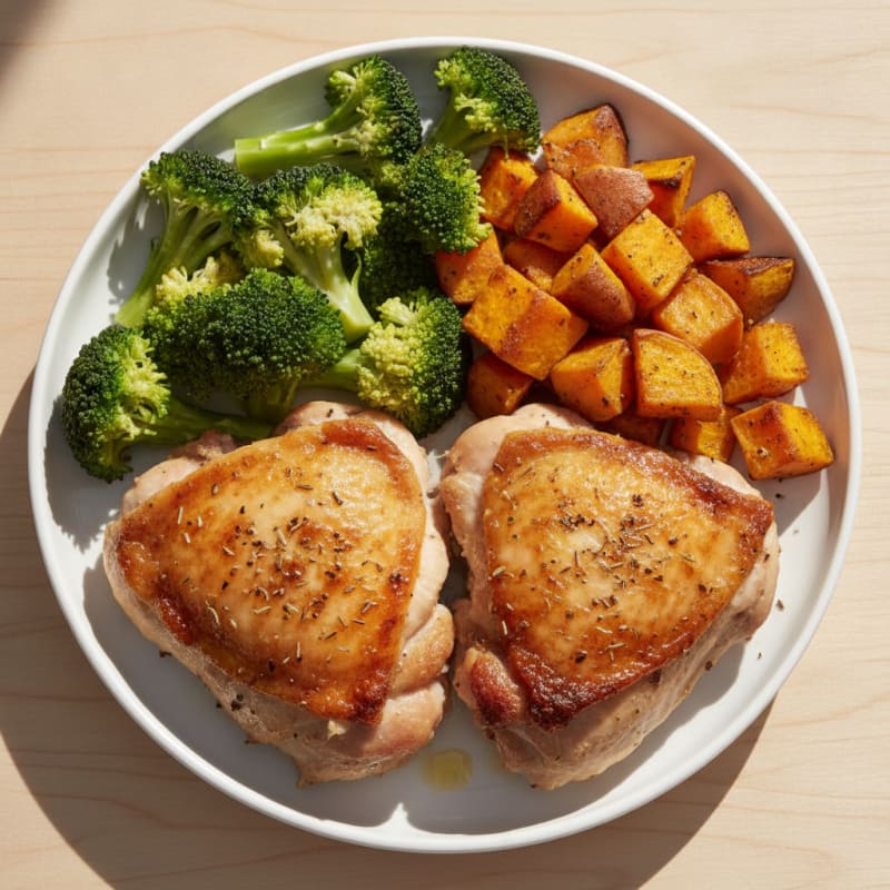 Herb-Roasted Chicken Thighs with Steamed Broccoli and Roasted Sweet Potatoes