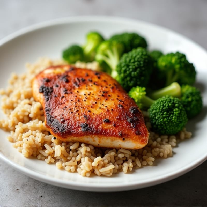 Seared Chicken Thighs with Steamed Broccoli and Brown Rice