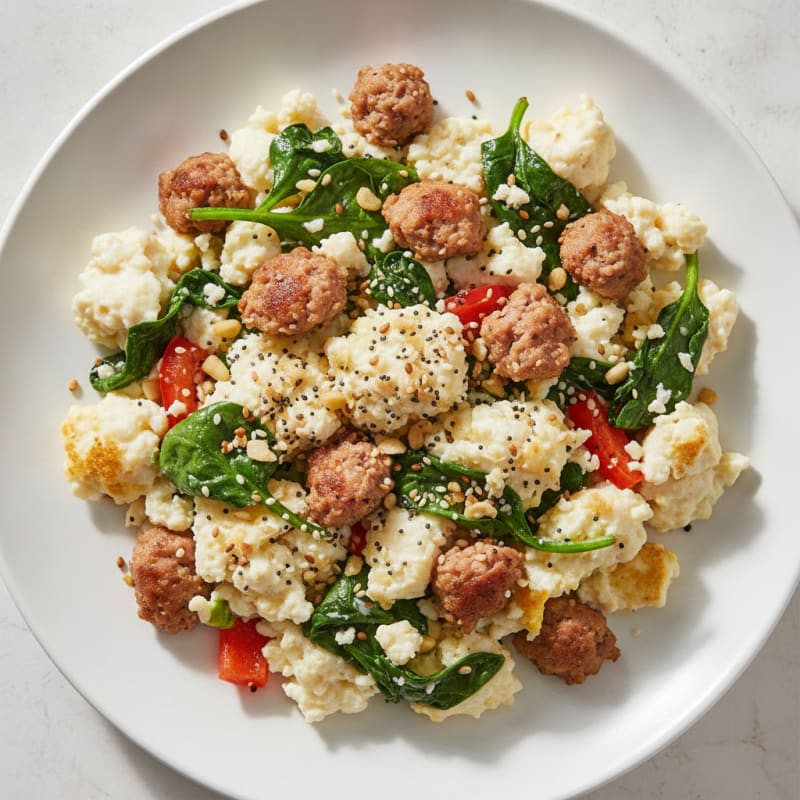 Egg White Scramble with Turkey Sausage and Sautéed Spinach