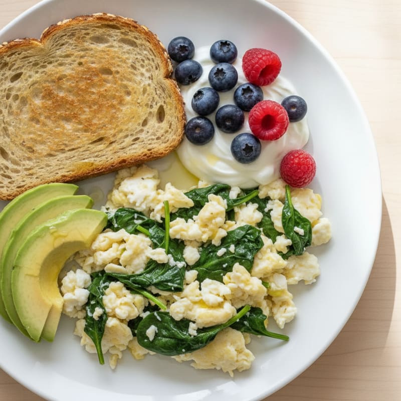 Egg White and Spinach Scramble with Greek Yogurt and Fresh Berries