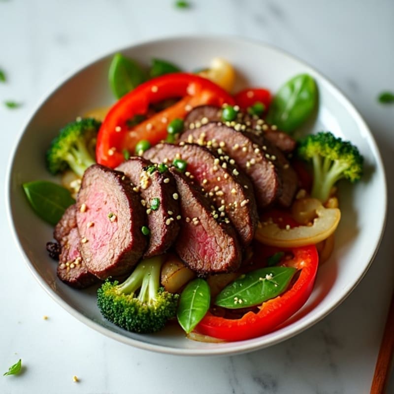Thinly Sliced Sesame-Garlic Beef with Sautéed Vegetables