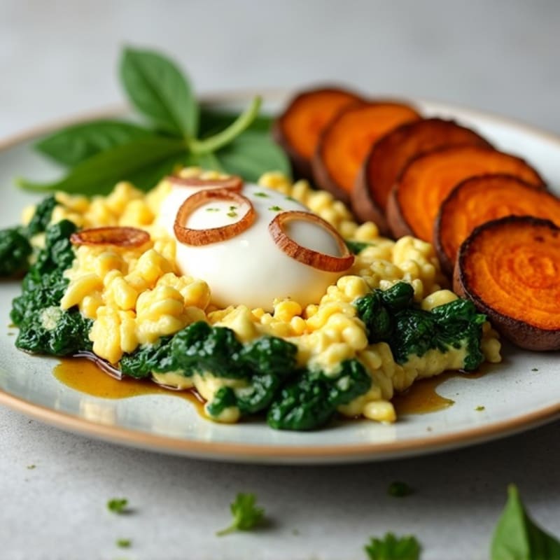 Cottage Cheese Egg White Scramble with Spinach and Roasted Sweet Potato