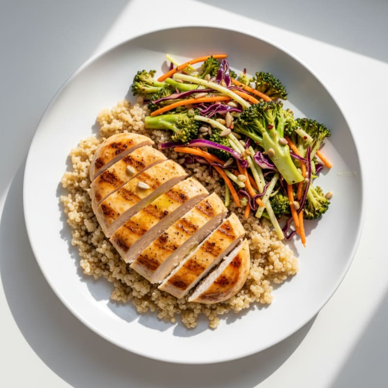 Grilled Chicken Breast with Quinoa and Crunchy Broccoli Slaw