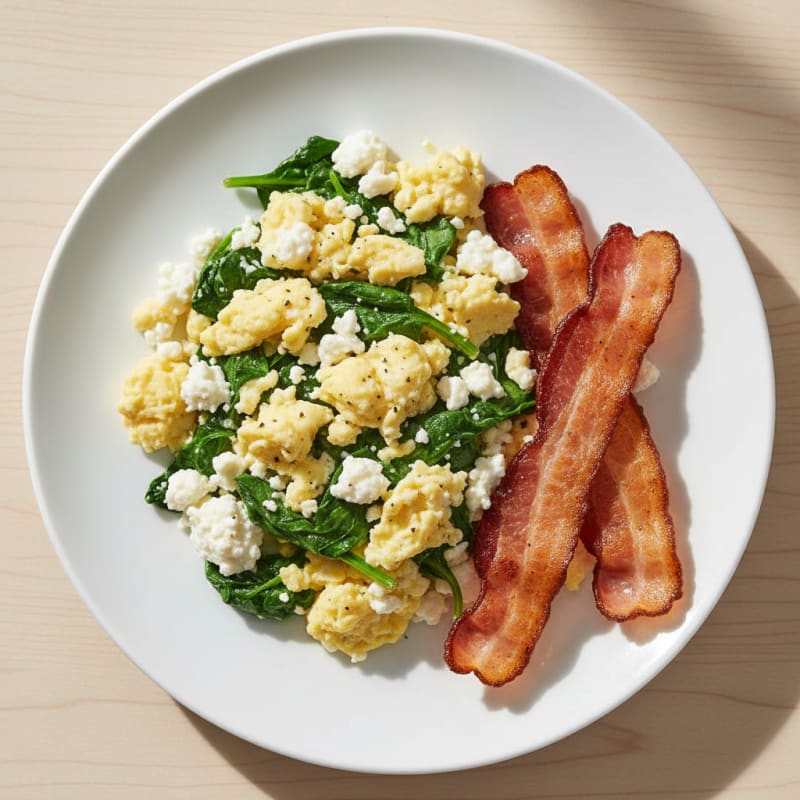 Cottage Cheese Egg Scramble with Spinach and Turkey Bacon