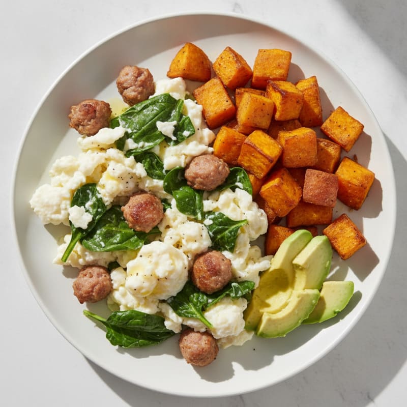 Egg White and Turkey Sausage Scramble with Spinach and Roasted Sweet Potato