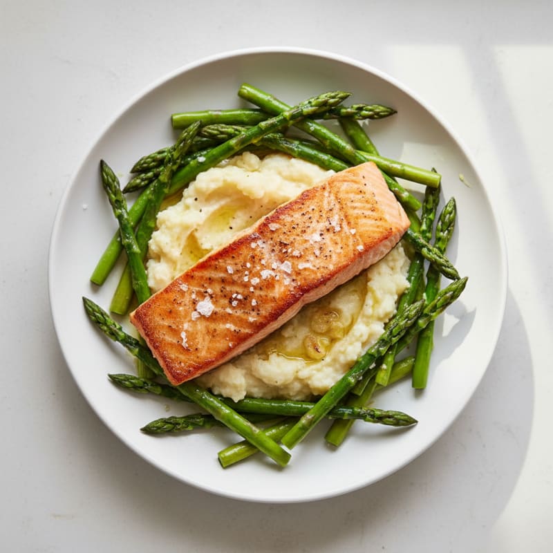 Seared Salmon Fillet with Asparagus and Cauliflower Mash