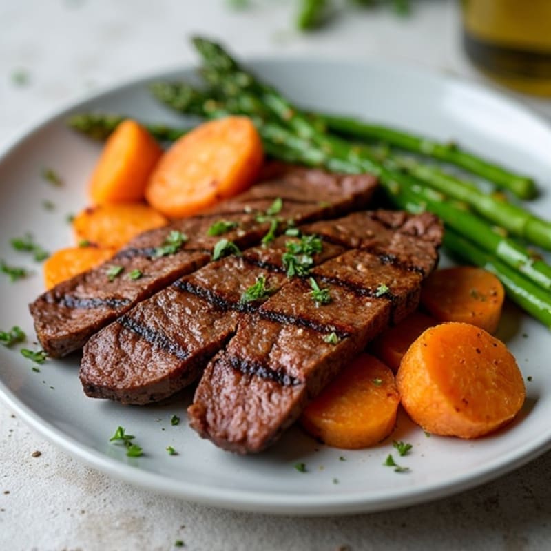 Seared Lean Beef Strips with Roasted Sweet Potatoes and Asparagus