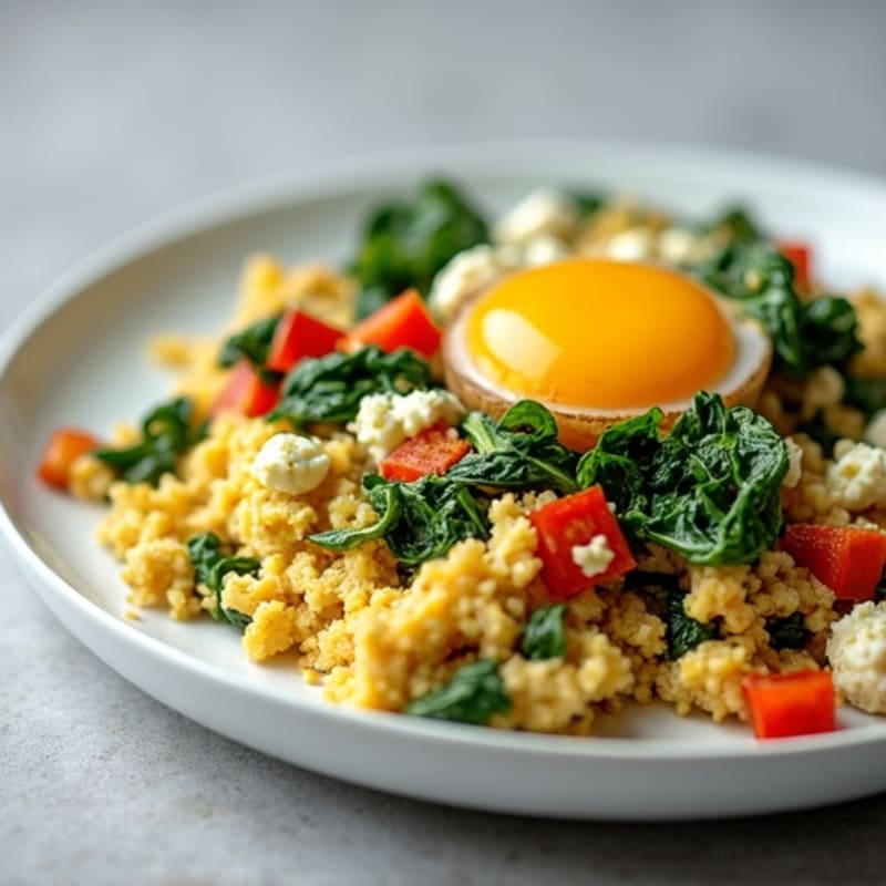 Egg White Veggie Scramble with Cottage Cheese and Sautéed Spinach
