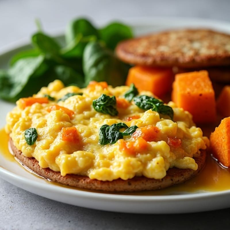Egg White and Turkey Sausage Scramble with Spinach and Roasted Sweet Potatoes