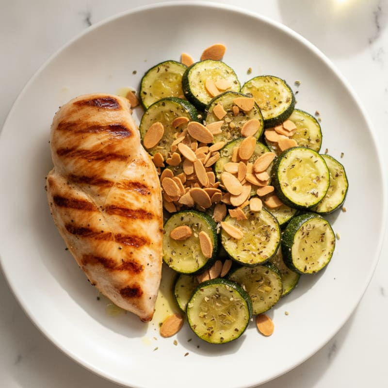 Grilled Chicken Breast with Roasted Zucchini and Almonds