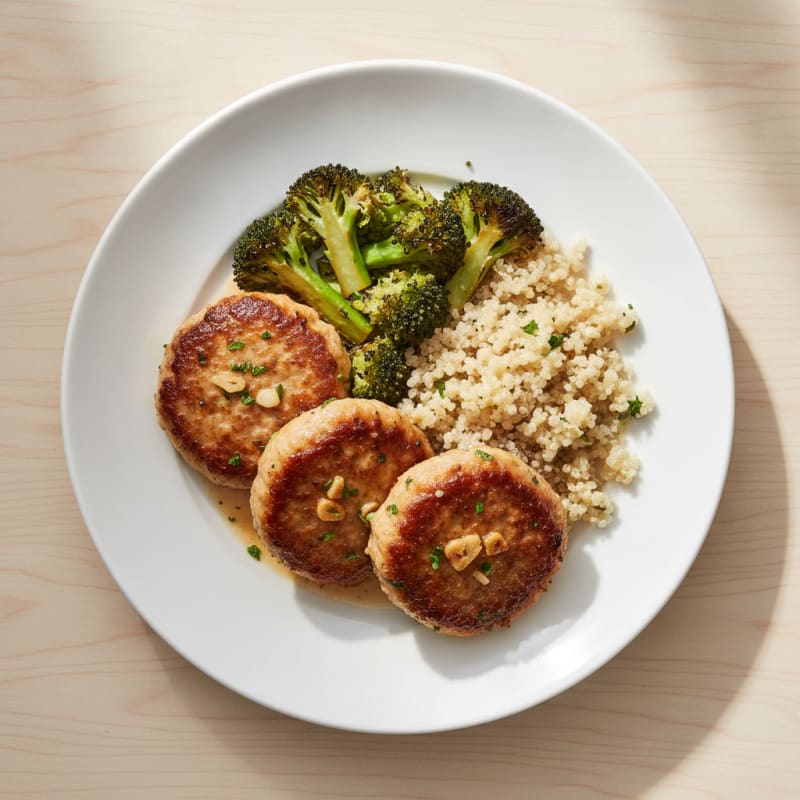 Seared Turkey Patties with Roasted Broccoli and Quinoa