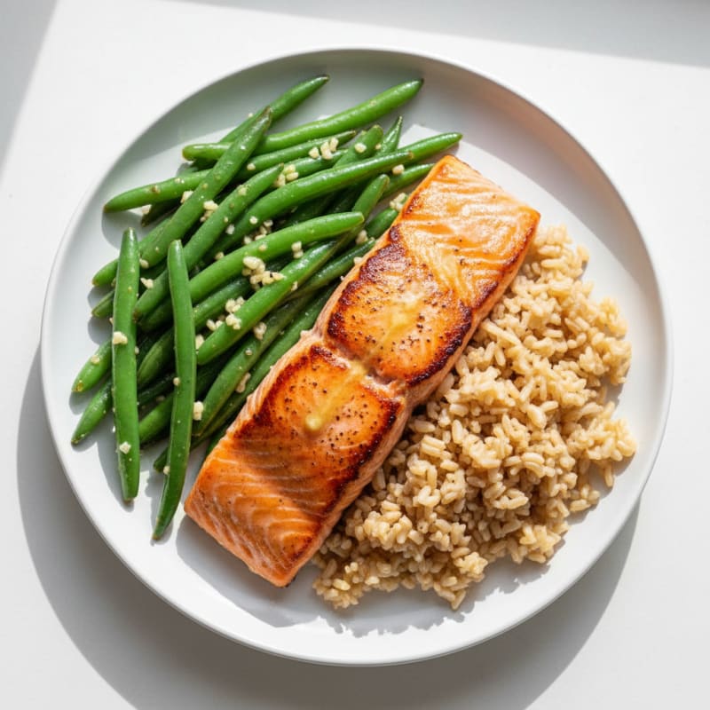 Seared Salmon with Garlic Green Beans and Brown Rice