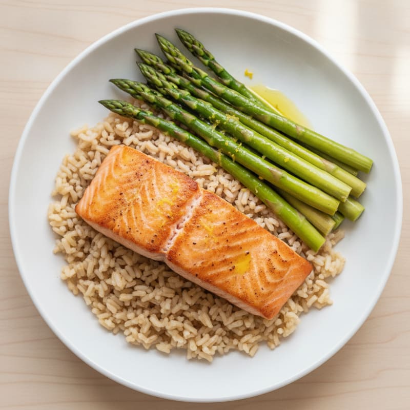 Seared Salmon Fillet with Steamed Asparagus and Brown Rice