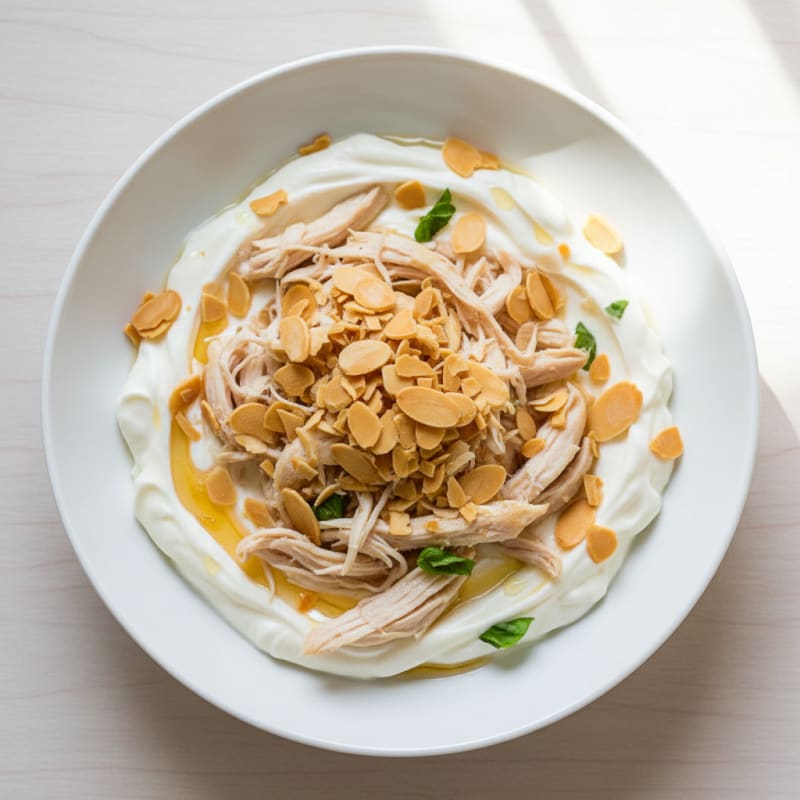 Vanilla Protein Yogurt with Shredded Chicken and Toasted Almonds