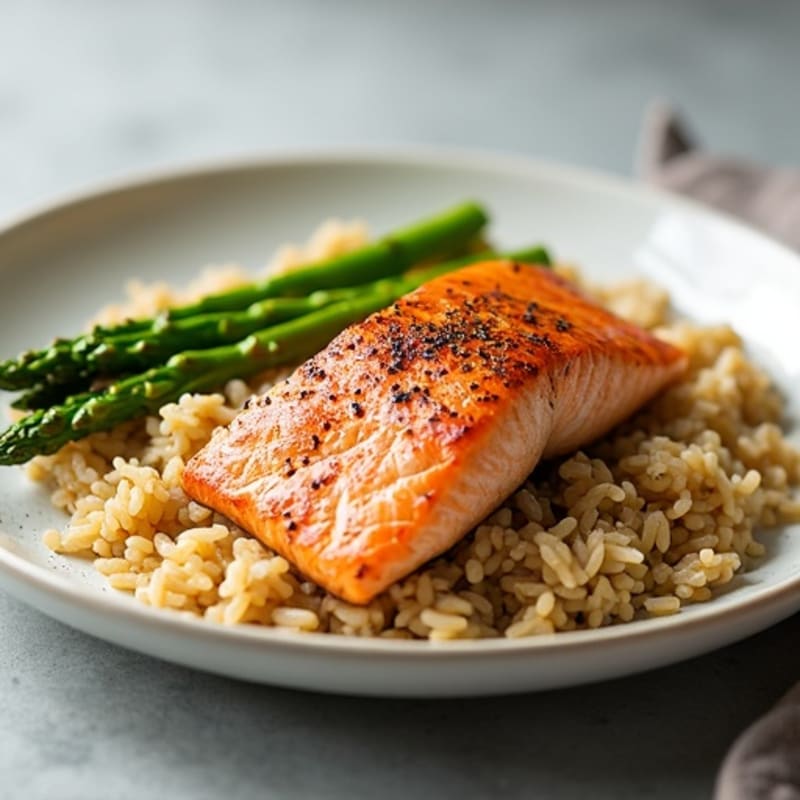 Seared Salmon with Steamed Asparagus and Brown Rice
