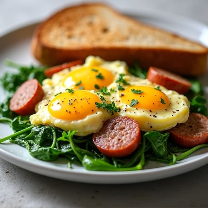Egg White and Turkey Sausage Scramble with Sautéed Spinach