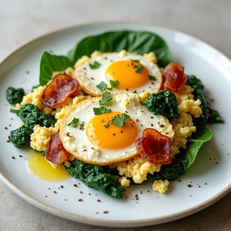 Cottage Cheese Scramble with Turkey Bacon and Sautéed Spinach
