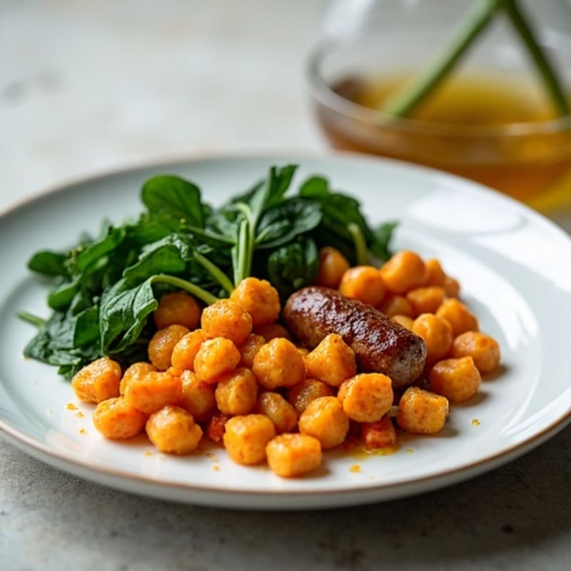 Pan-Seared Sweet Potato Gnocchi with Lean Chicken Sausage and Garlicky Greens