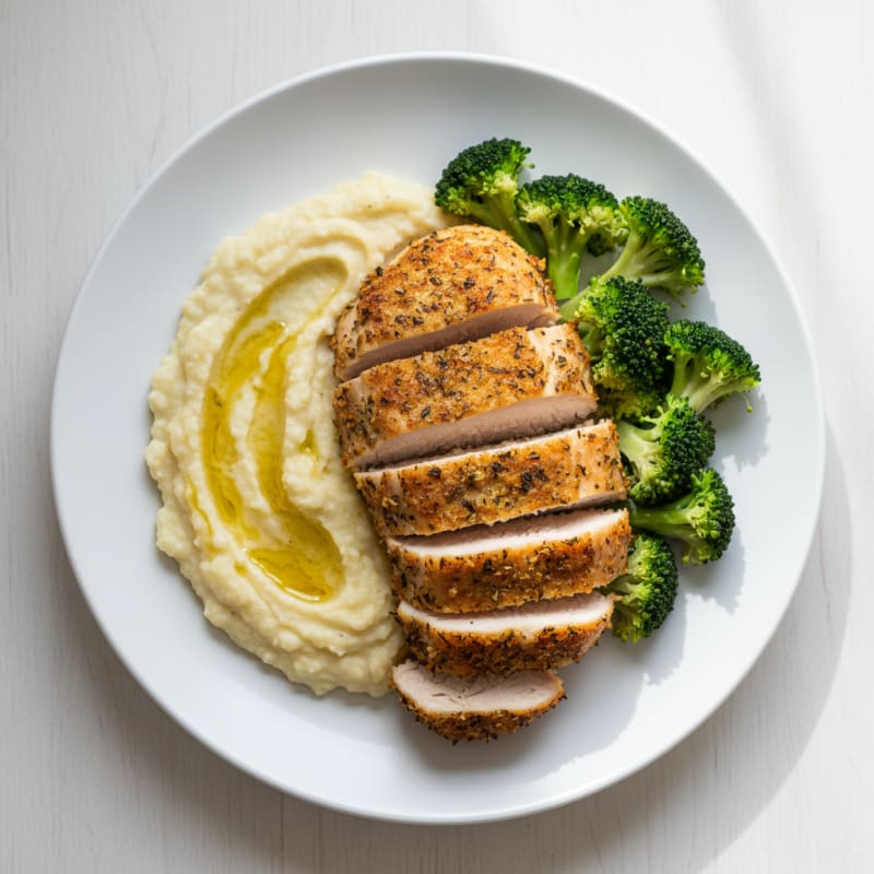 Oven-Baked Chicken Breast with Steamed Broccoli and Cauliflower Mash