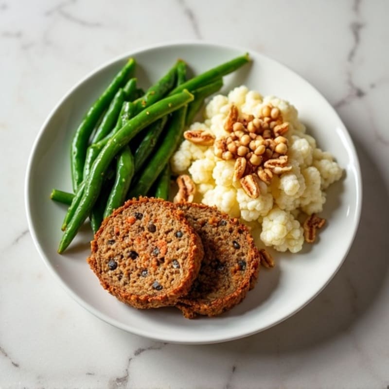 Lentil Walnut Protein Loaf with Steamed Green Beans and Mashed Cauliflower