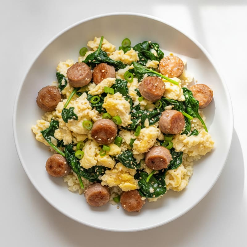 Egg White Scramble with Chicken Sausage and Sautéed Spinach