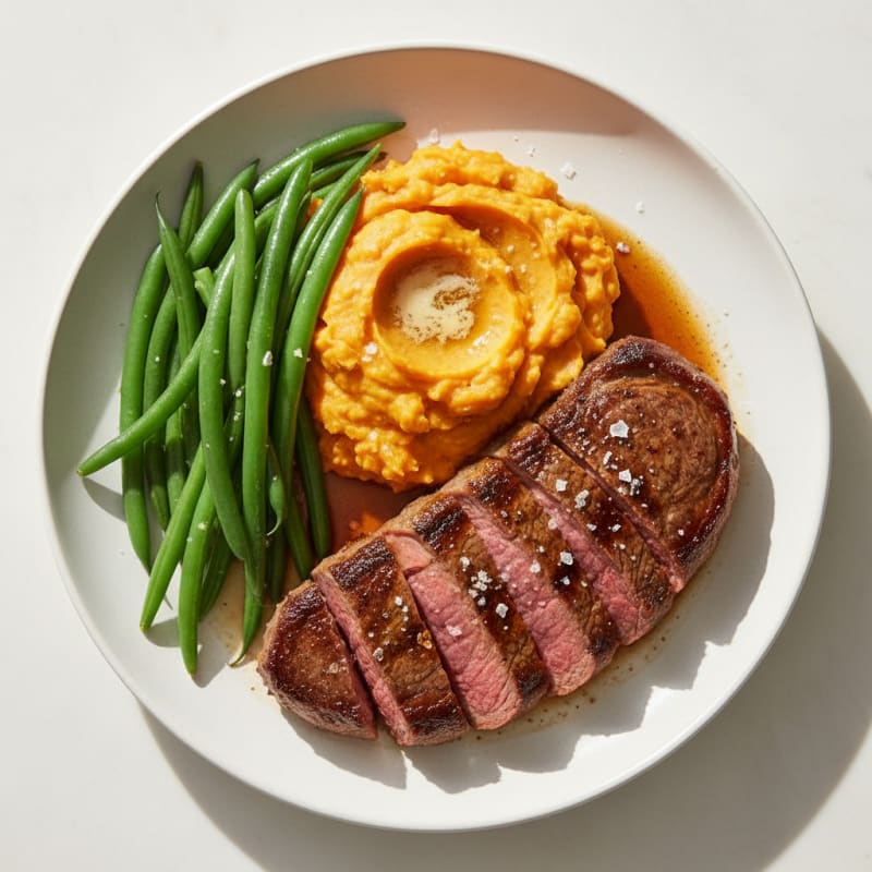 Seared Beef Steak with Garlic Mashed Sweet Potatoes and Steamed Green Beans