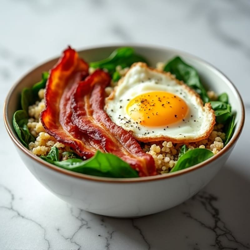 Crispy Turkey Bacon and Egg White Breakfast Bowl with Spinach and Quinoa