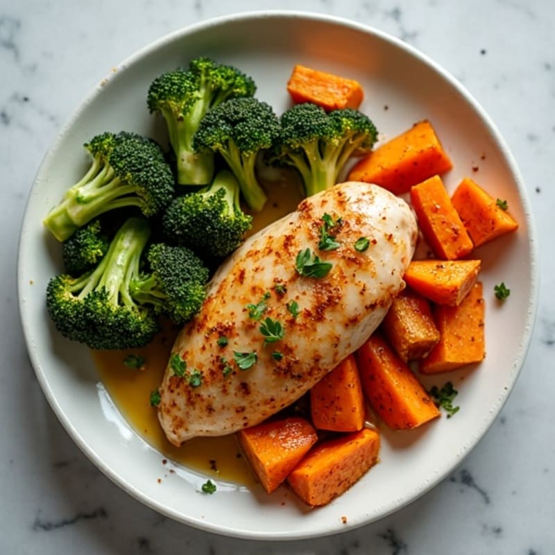 Sheet Pan Roasted Chicken and Sweet Potatoes with Crispy Broccoli
