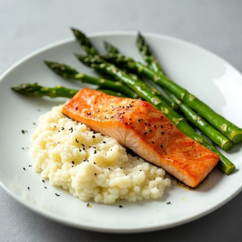 Seared Salmon with Steamed Asparagus and Cauliflower Mash