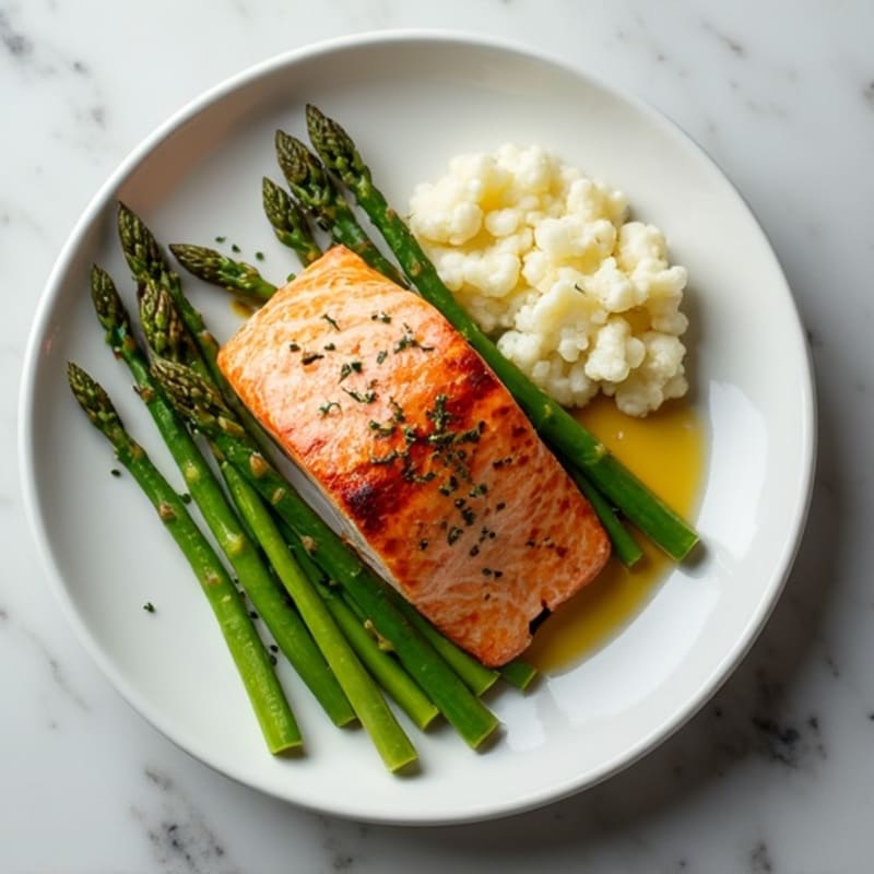 Seared Salmon with Steamed Asparagus and Cauliflower Mash