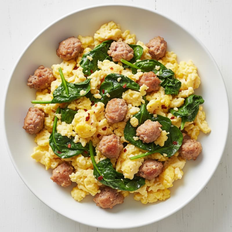 Scrambled Eggs with Turkey Sausage and Sautéed Spinach