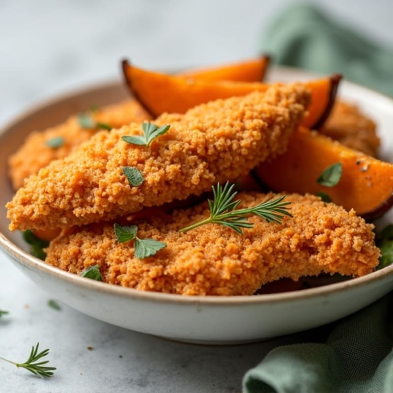 Crispy Baked Chicken Tenders with Roasted Sweet Potato Wedges