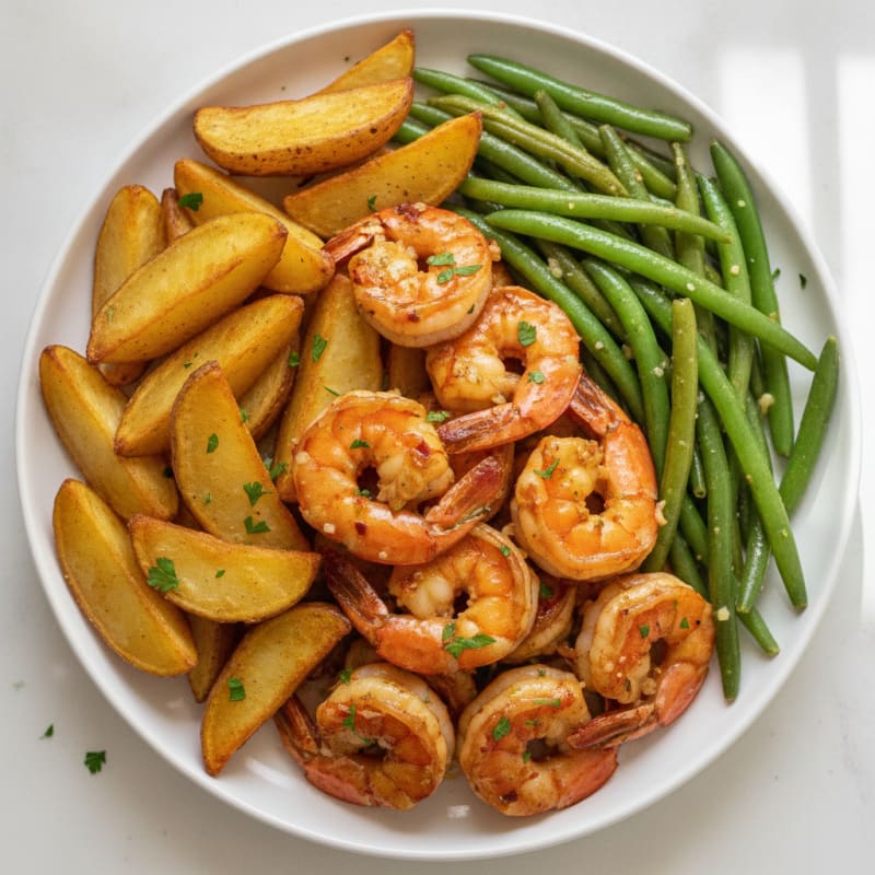 Garlic Shrimp and Roasted Potatoes with Green Beans