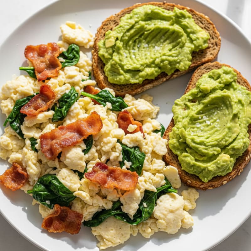 Crispy Turkey Bacon and Spinach Egg White Scramble with Smashed Avocado Toast