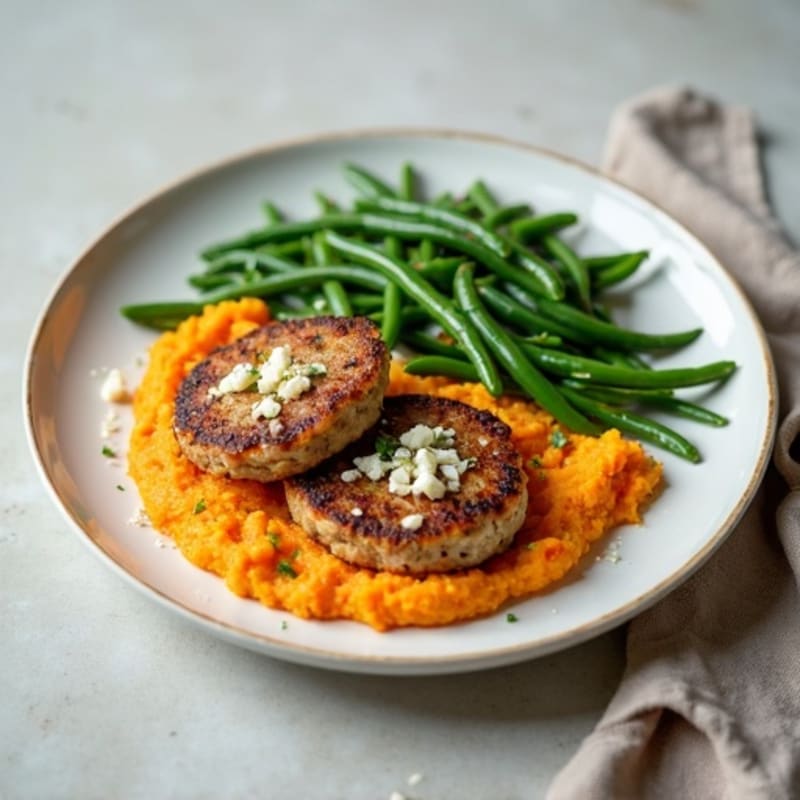 Seared Turkey Patties with Garlic Green Beans and Sweet Potato Mash
