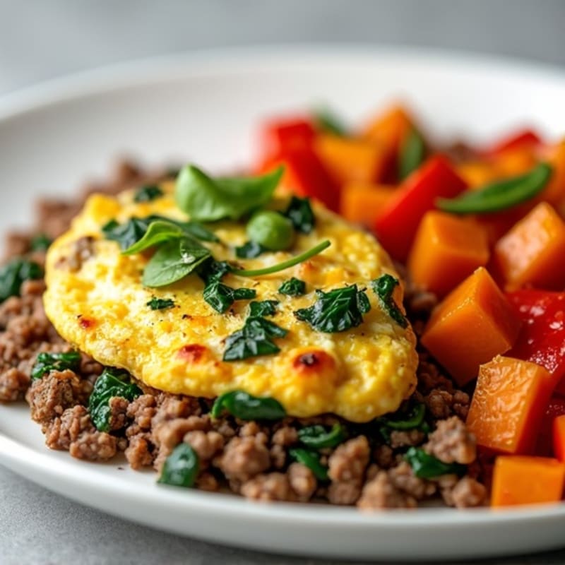 Beef and Spinach Egg Scramble with Sweet Potato Hash