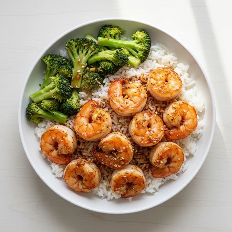 Ginger-Garlic Seared Shrimp with Steamed Broccoli and Jasmine Rice