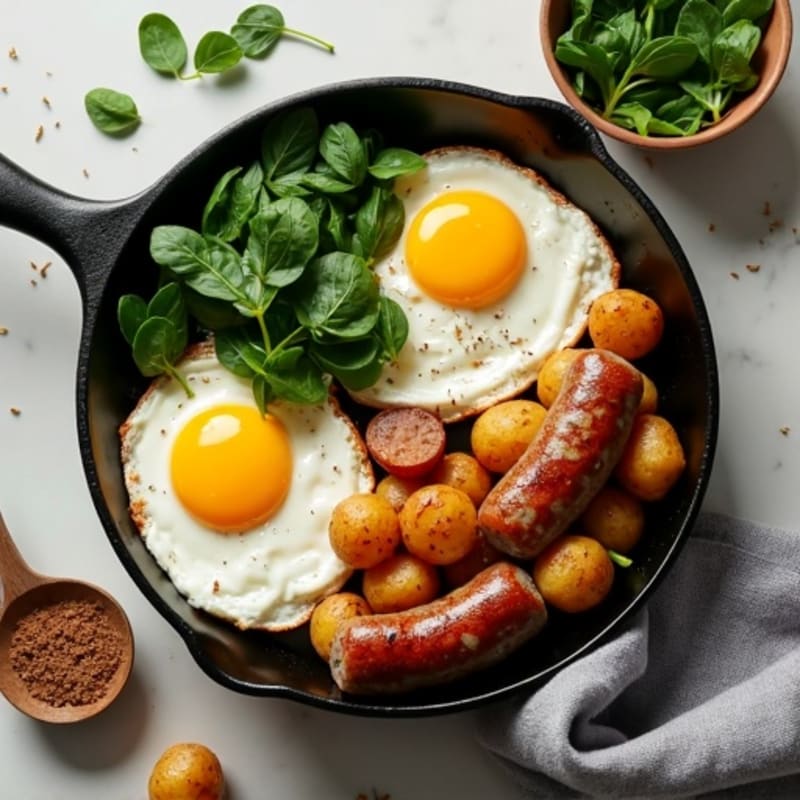 Lean Turkey Sausage and Egg Skillet with Crispy Potatoes and Fresh Spinach
