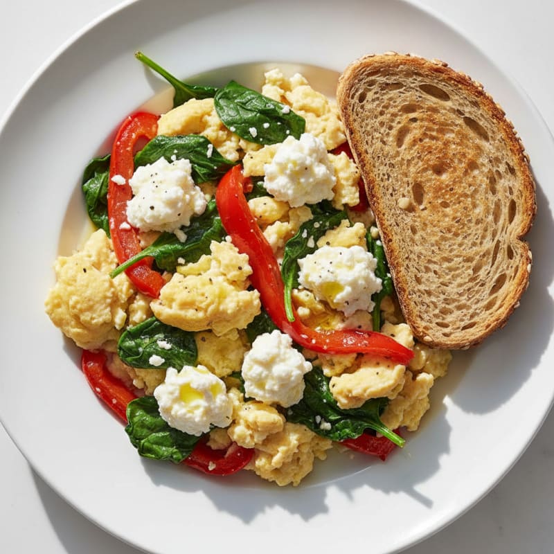 Cottage Cheese Egg Scramble with Roasted Peppers and Spinach