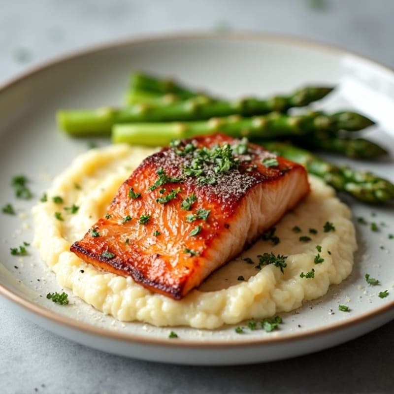 Seared Salmon Filet with Roasted Asparagus and Cauliflower Mash
