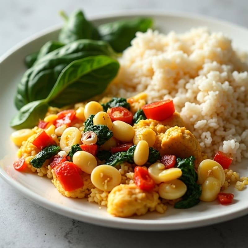 Egg White Chicken Scramble with Sautéed Spinach and Bell Peppers