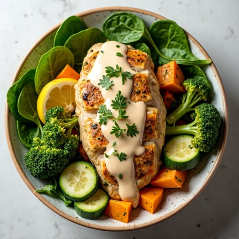 Herb-Roasted Chicken and Veggie Power Bowl with Creamy Lemon-Tahini Dressing