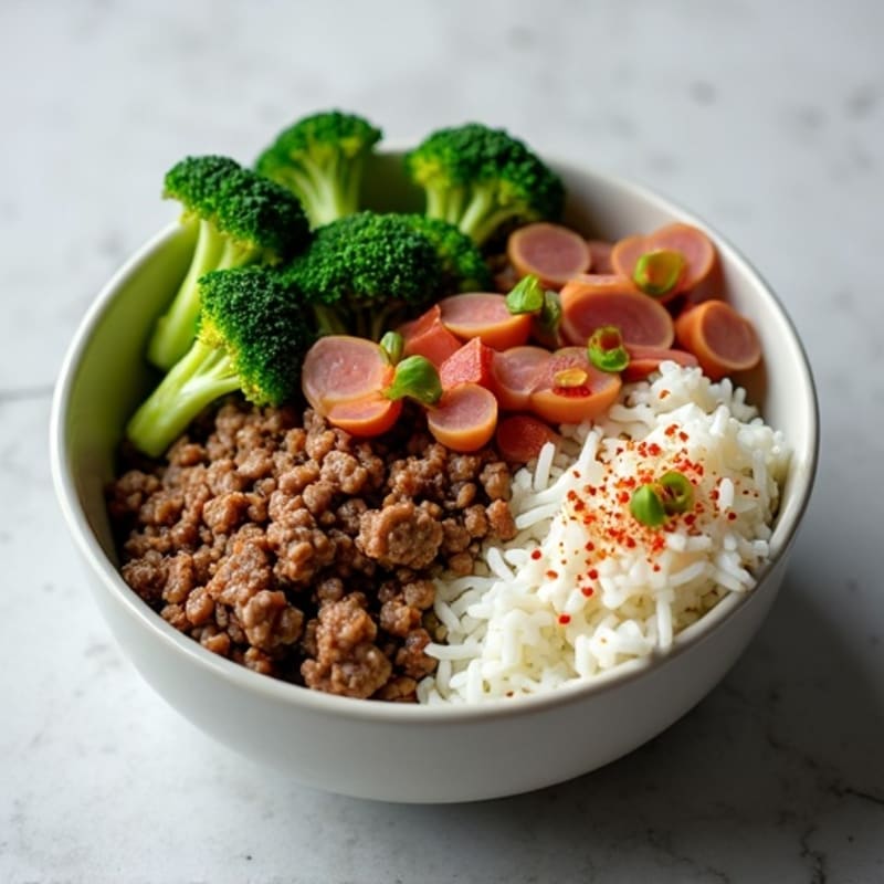 Ground Beef and Rice Bowl with Steamed Broccoli