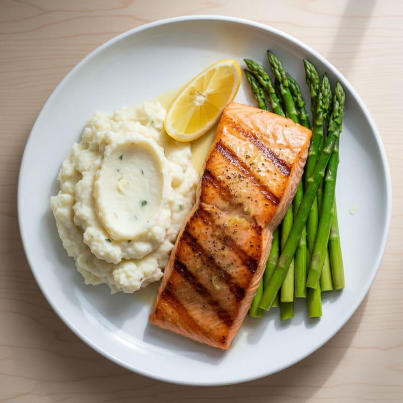 Baked Salmon with Steamed Asparagus and Cauliflower Mash